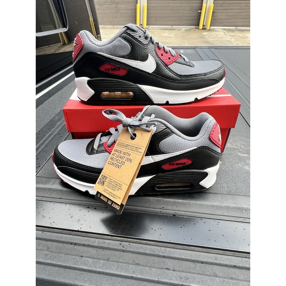 Nike Air Max 90 GS NN Black Cool Grey Red Sneakers Size 5y/Wmns 6.5 Gym Running
